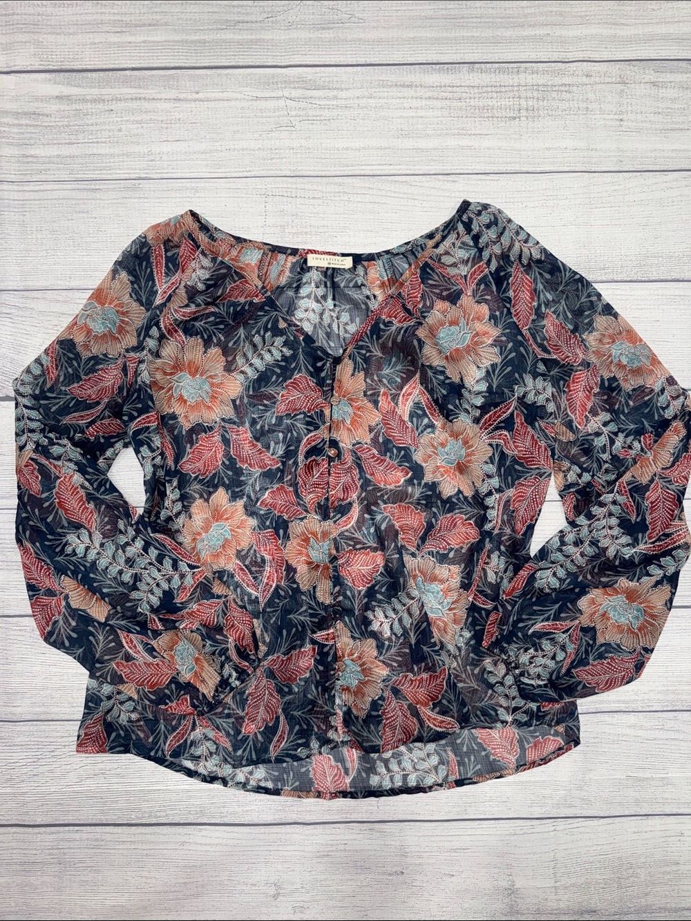 lovestitch Navy Floral Button-Up Blouse with Burnt Orange Accents